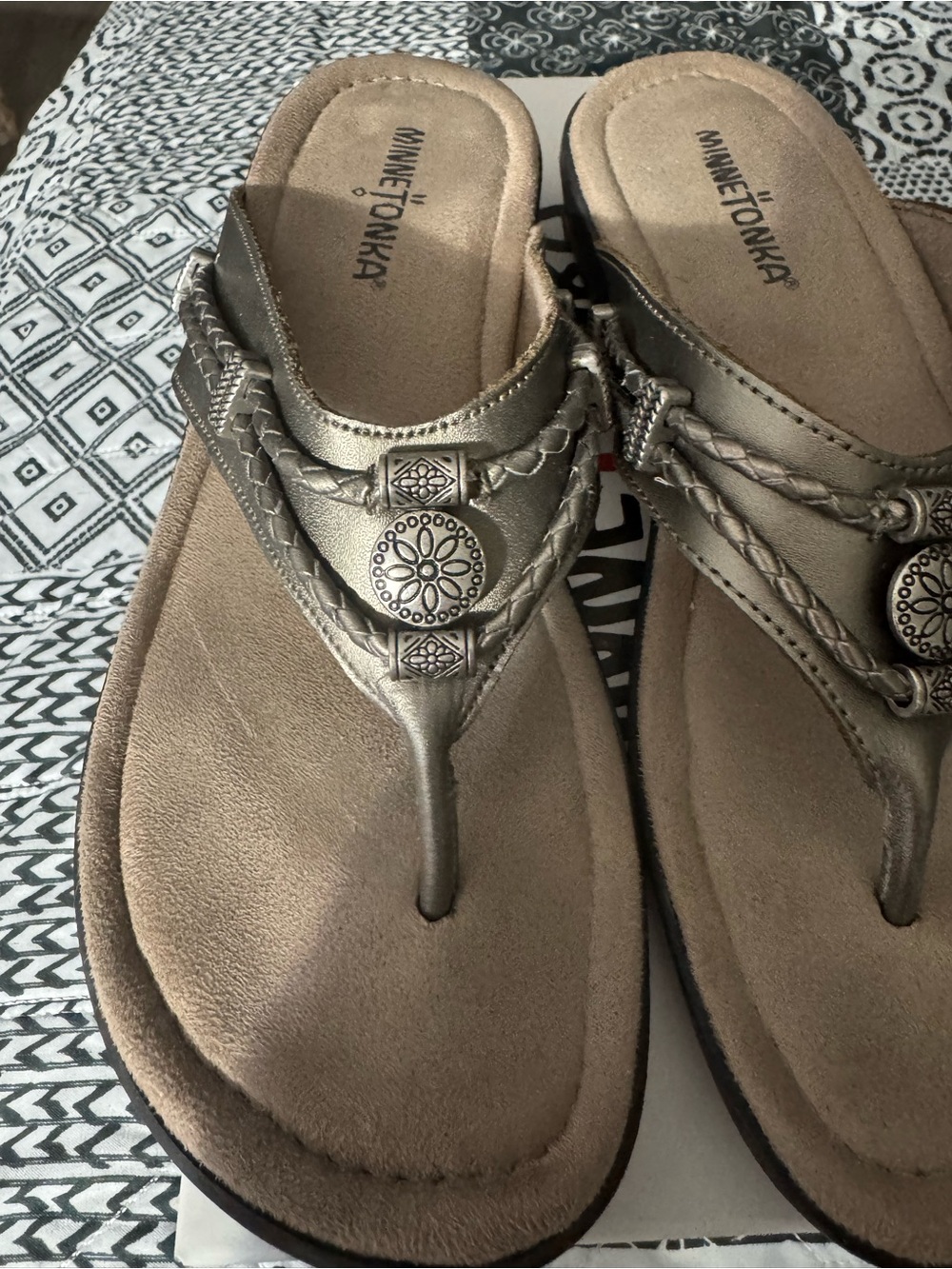 Minnetonka Metallic Bronze Braided Thong Sandals with Medallion